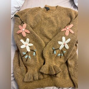 See and Be Seen Mustard Floral-Appliqué Crewneck Sweater
